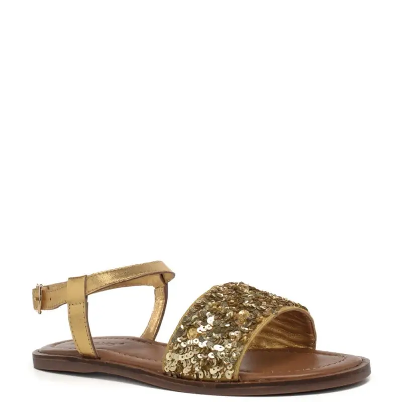 Inuovo sandali bassi da donna con paillettes in pelle laminata dark gold oro miniatura 2