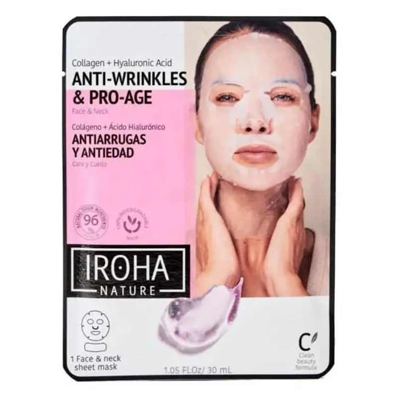 Iroha Nature - 1 maschera in tessuto viso e collo antirughe e anti-età con collagene e acido ialuronico