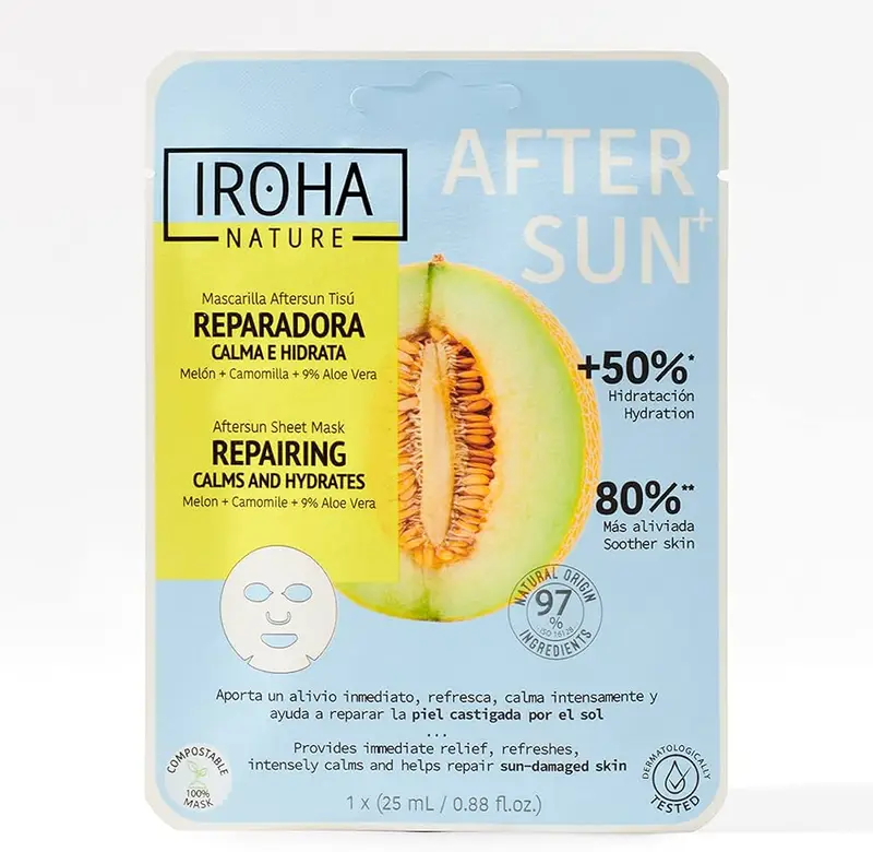 Iroha Nature - 1 maschera viso in tessuto aftersun riparatrice, lenitiva ed idratante con melone, camomilla e 9% di aloe vera