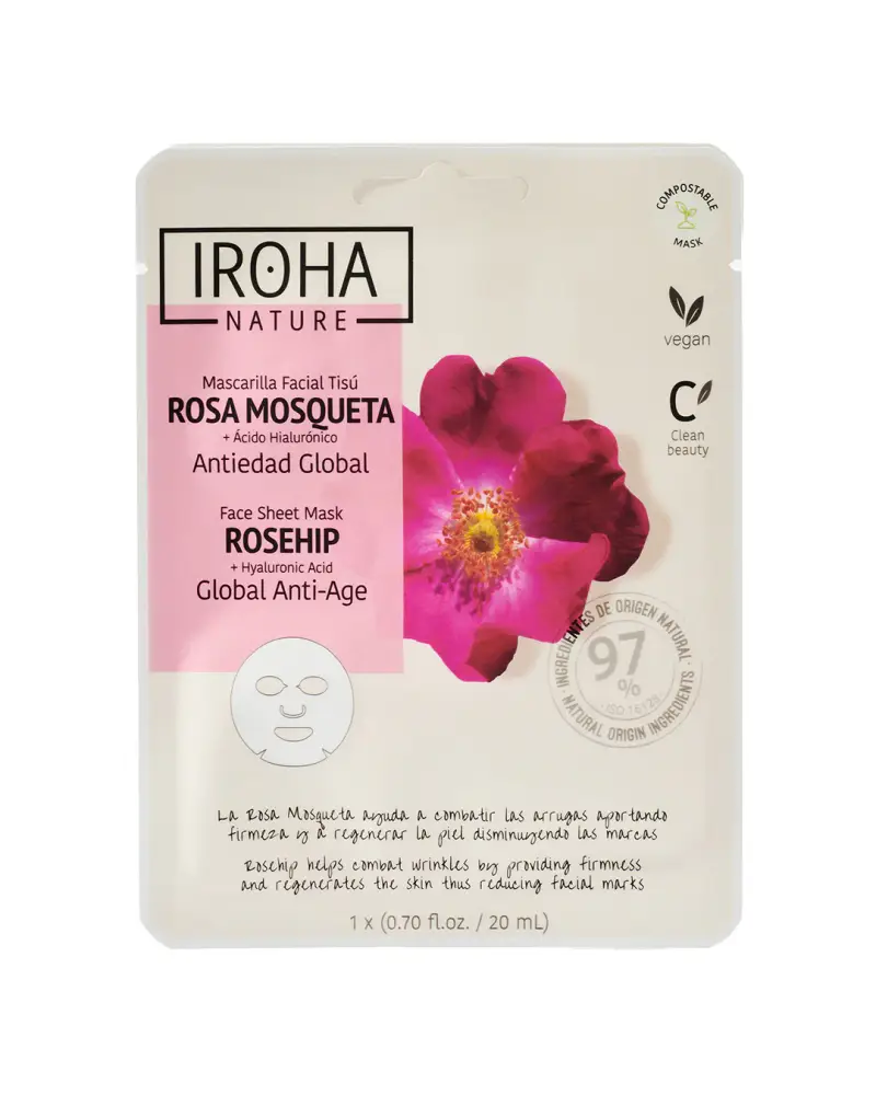 Iroha Nature - 1 maschera viso in tessuto anti-età globale con rosa mosqueta e acido ialuronico