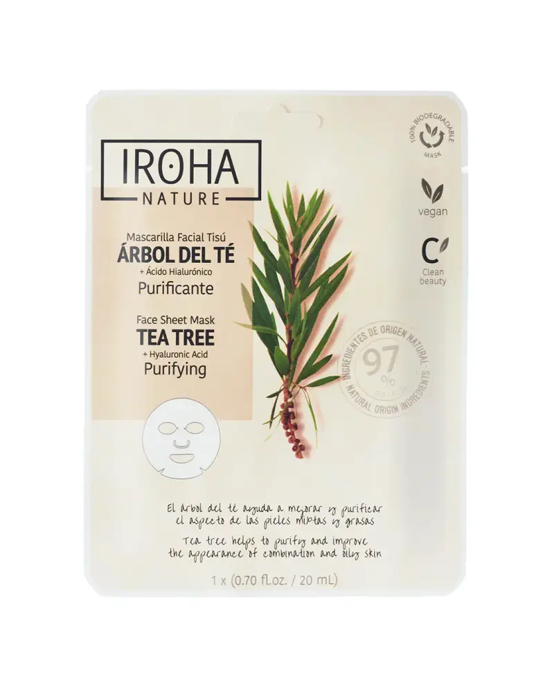 Iroha Nature - 1 maschera viso tessuto purificante con tea tree e acido ialuronico