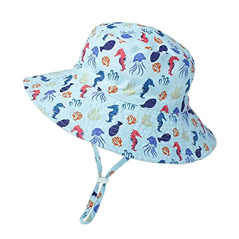 ISIYINER Cappello da Sole per Bambini Ragazze Regolabile Cappello Estivo Anti-UV Tesa Larga Berretto Estivo per Viaggio Nuoto Spiaggia Piscina (Blu Cavalluccio Marino)