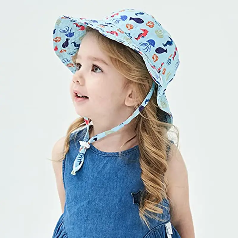 ISIYINER Cappello da Sole per Bambini Ragazze Regolabile Cappello Estivo Anti-UV Tesa Larga Berretto Estivo per Viaggio Nuoto Spiaggia Piscina (Blu Cavalluccio Marino) miniatura 3
