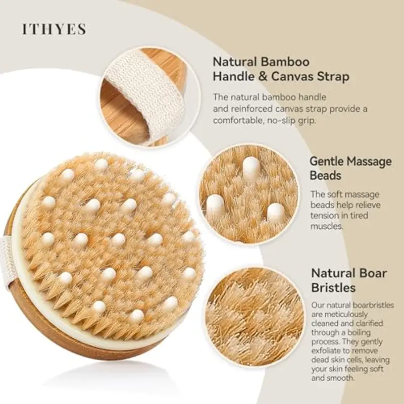 Ithyes Spazzola per il corpo in setole naturali di cinghiale, esfoliante e disintossicante, per rimuovere le tossine della pelle morta e migliorare la circolazione sanguigna miniatura 3