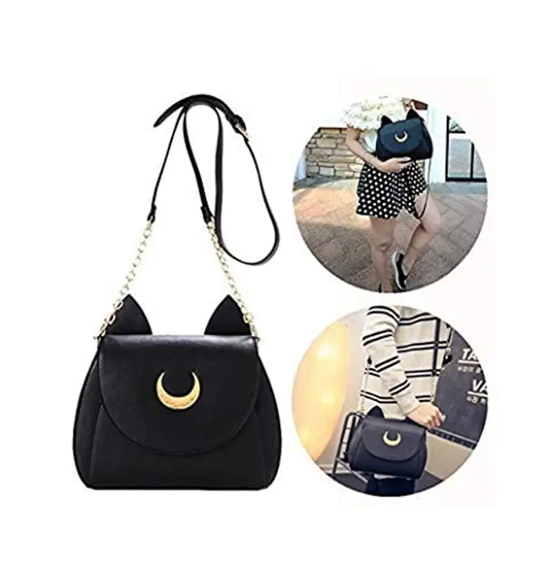 Itian Borsetta Messenger in Pelle, Borsetta con Simbolo della Mezzaluna e Orecchie di Gatto (Nero) miniatura 2
