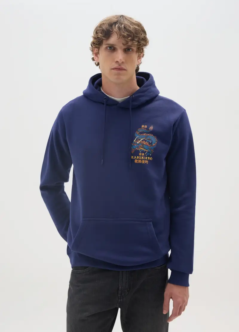 Felpa In Misto Cotone Blu Con Cappuccio, Uomo, Blu miniatura 2