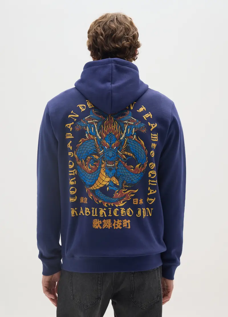 Felpa In Misto Cotone Blu Con Cappuccio, Uomo, Blu miniatura 3