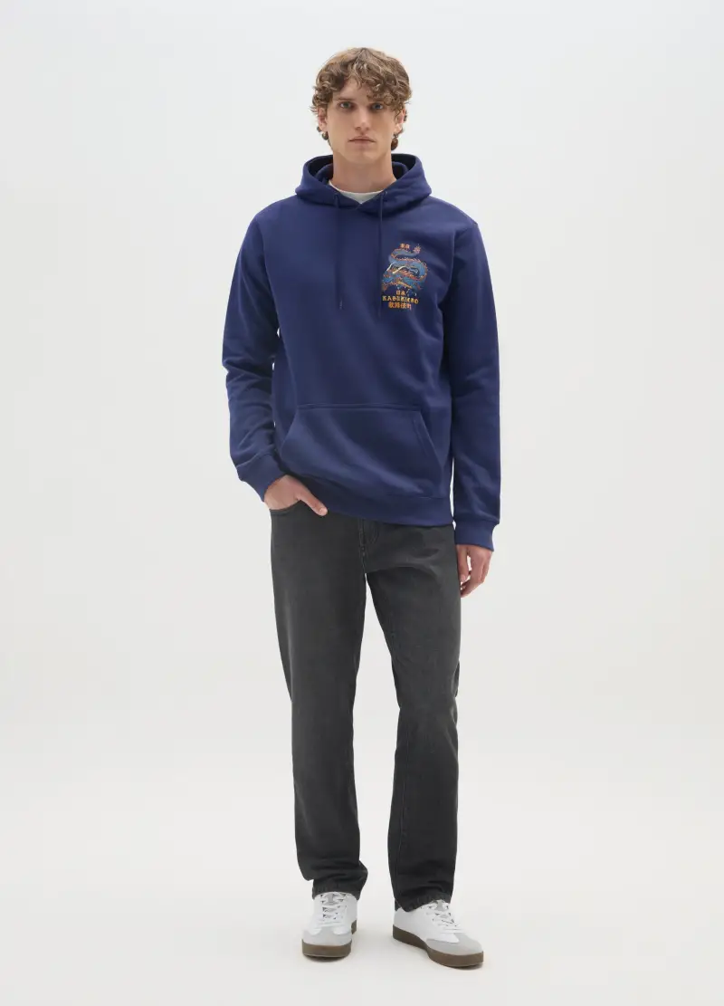 Felpa In Misto Cotone Blu Con Cappuccio, Uomo, Blu