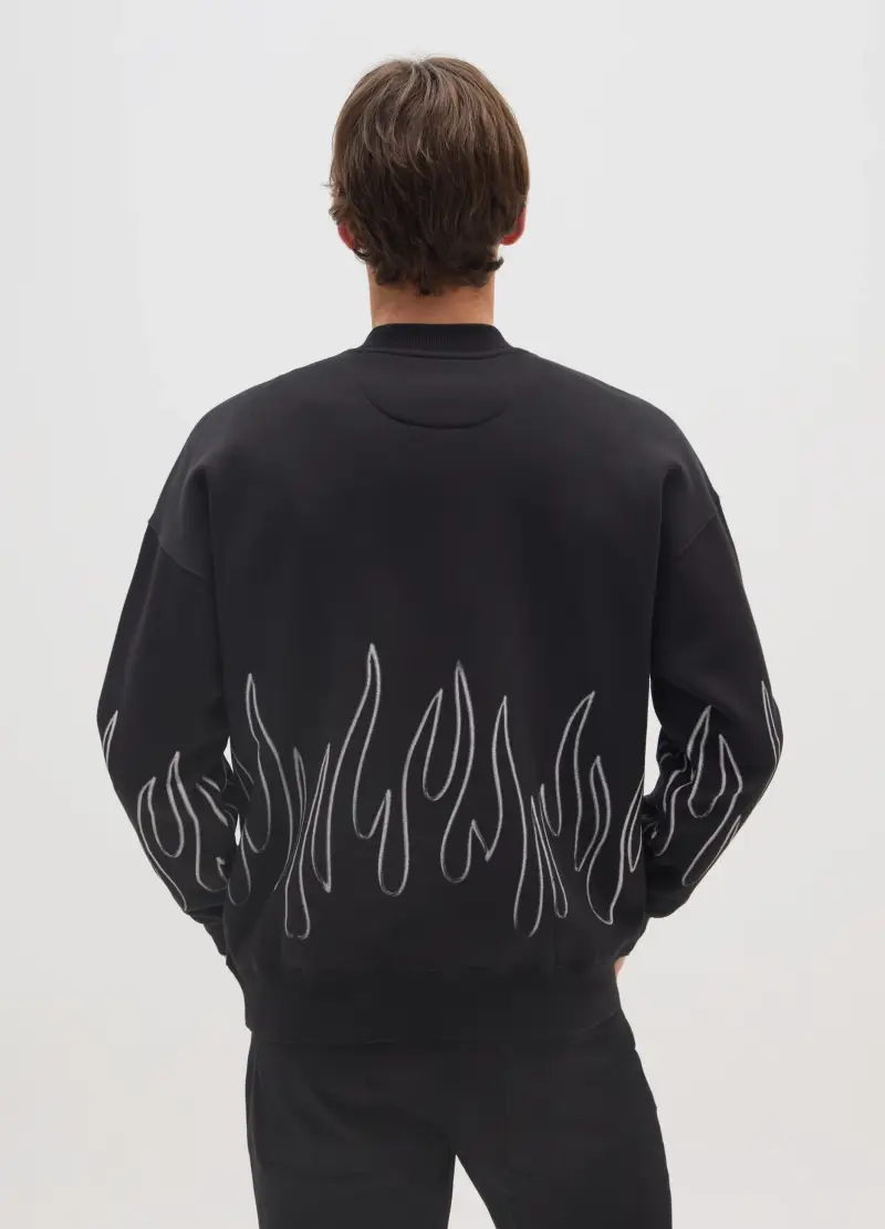 Felpa In Misto Cotone Nero Con Stampa E Girocollo, Uomo, Nero miniatura 3