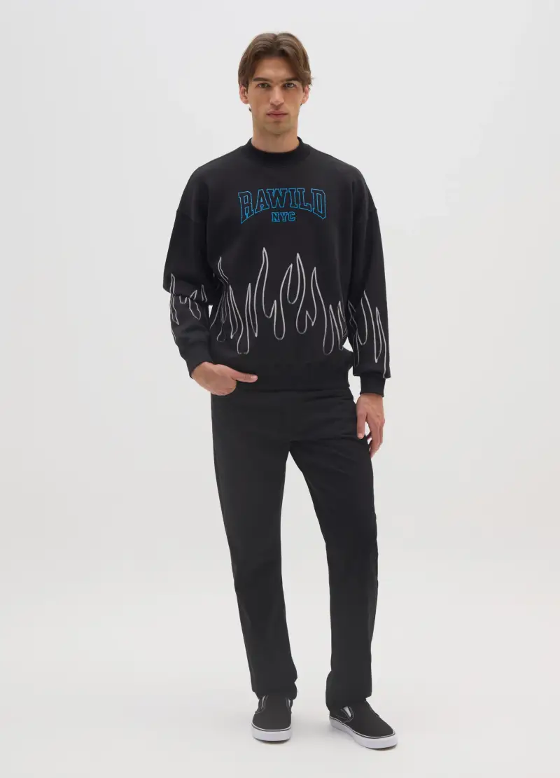 Felpa In Misto Cotone Nero Con Stampa E Girocollo, Uomo, Nero