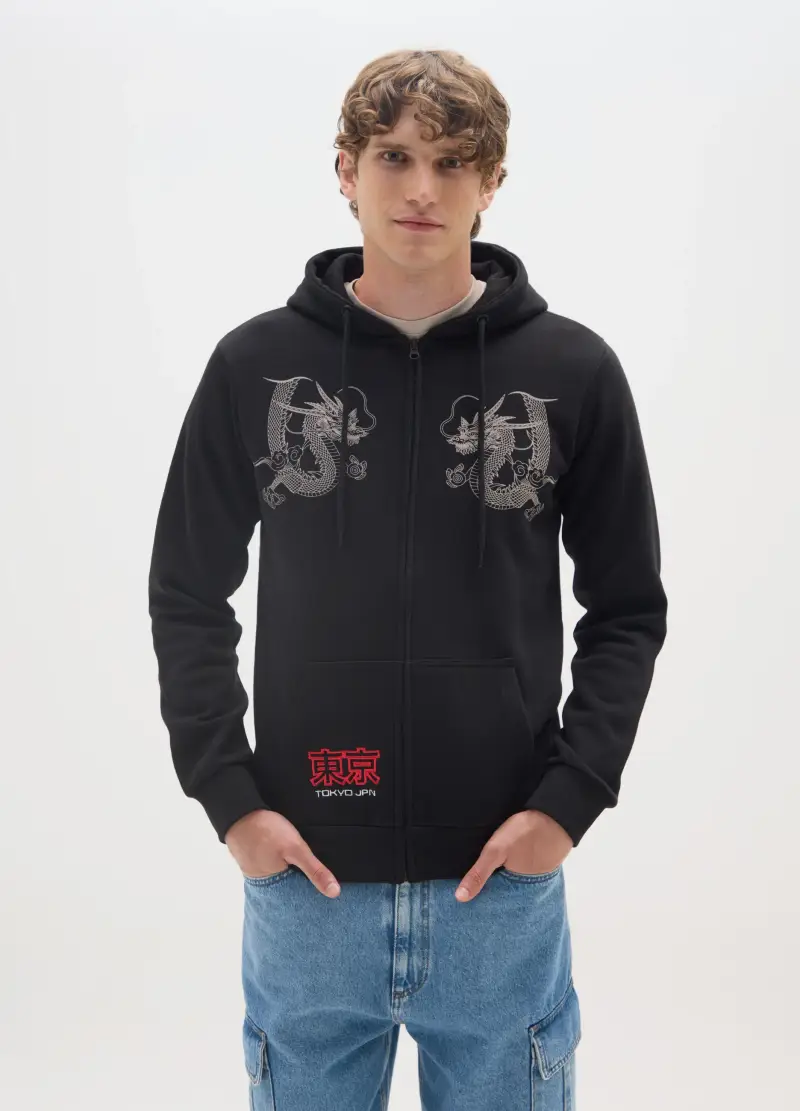 Felpa In Misto Cotone Nero Con Stampa, Uomo, Nero miniatura 2