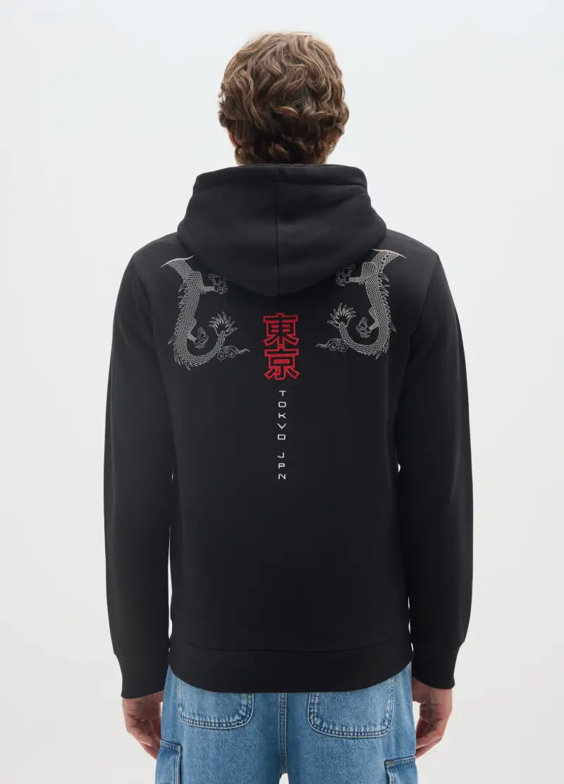 Felpa In Misto Cotone Nero Con Stampa, Uomo, Nero miniatura 3