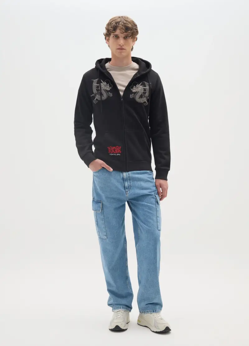 Felpa In Misto Cotone Nero Con Stampa, Uomo, Nero