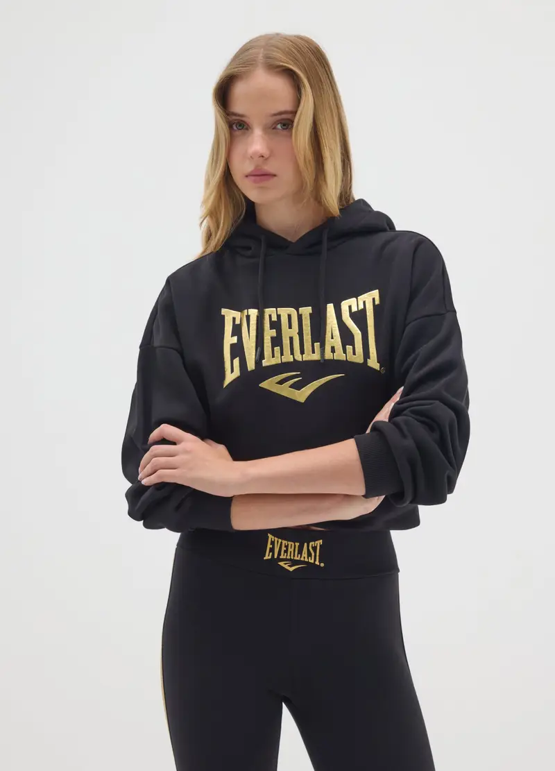 J EVERLAST DONNA, Felpa Nera Con Cappuccio In Misto Cotone Con Stampa Everlast, Donna, Nero, Taglia: XS