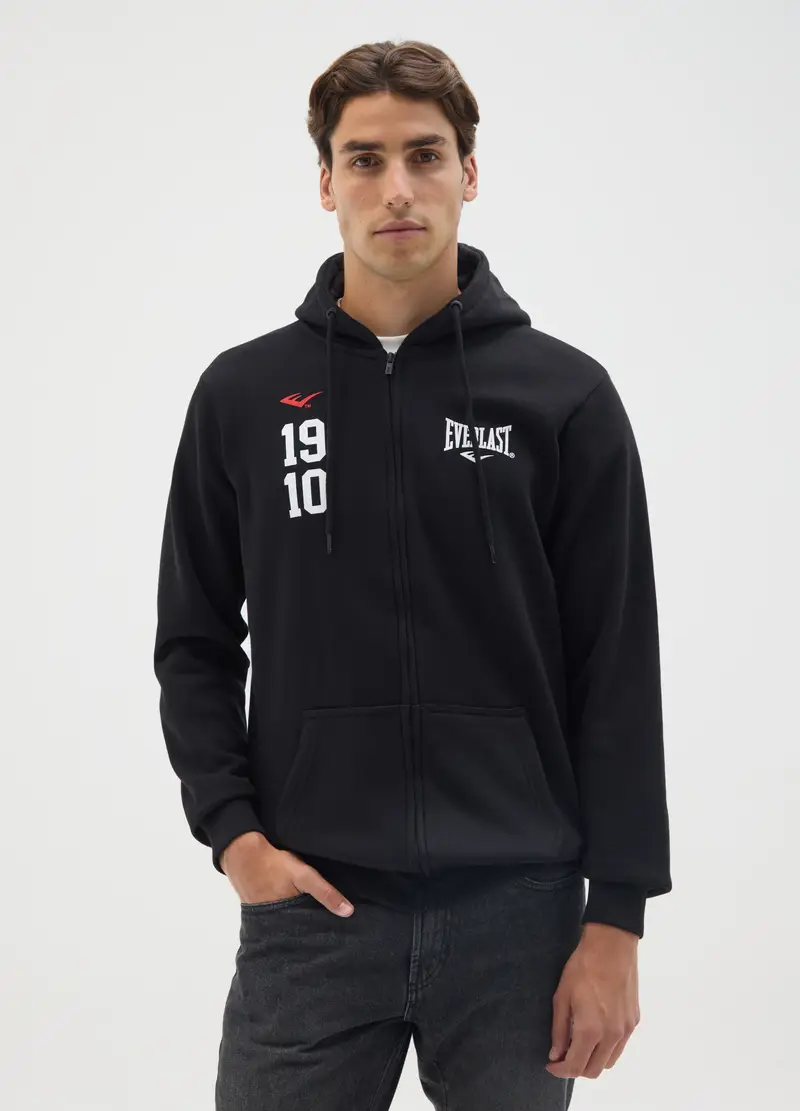 J EVERLAST UOMO, Felpa In Misto Cotone Nera Con Cappuccio Everlast, Uomo, Nero, Taglia: S