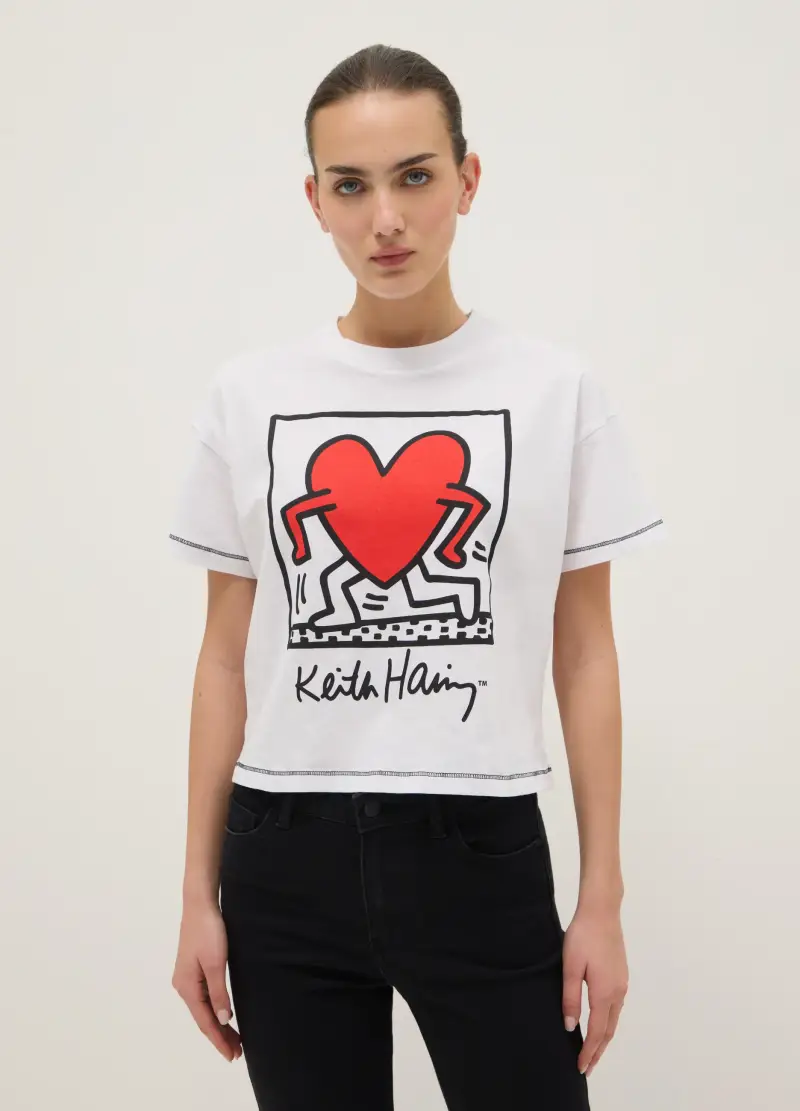 T-shirt In Puro Cotone Bianca Regular Fit Con Stampa Keith Haring, Donna, Bianco