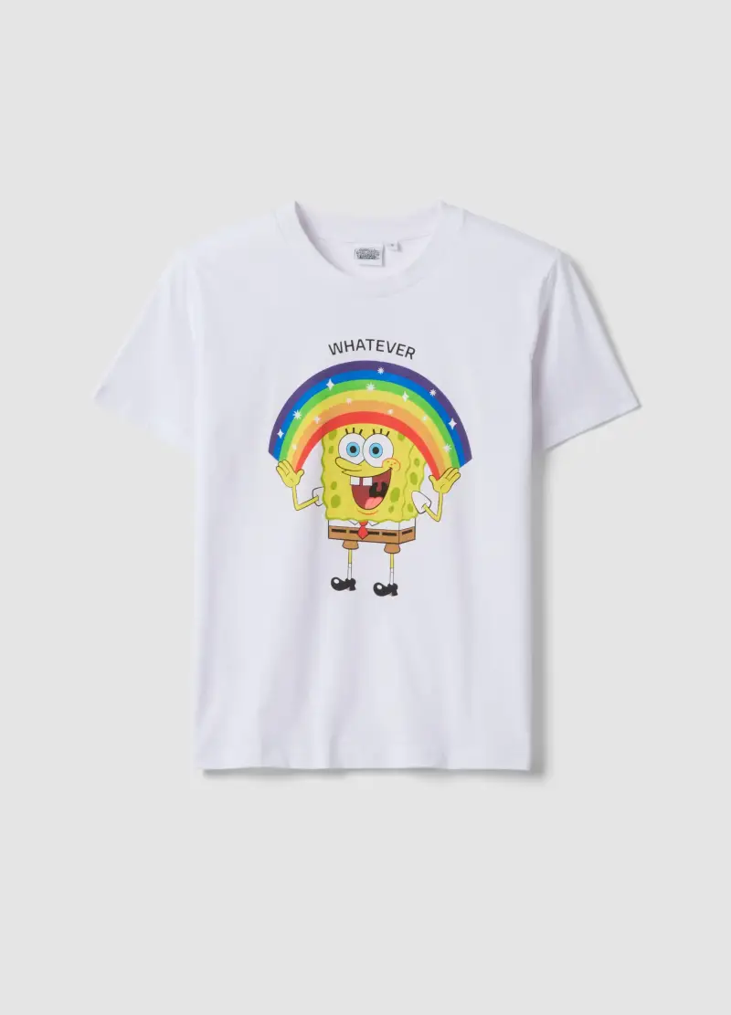 T-shirt In Puro Cotone Bianca Regular Fit Con Stampa Spongebob, Donna, Bianco