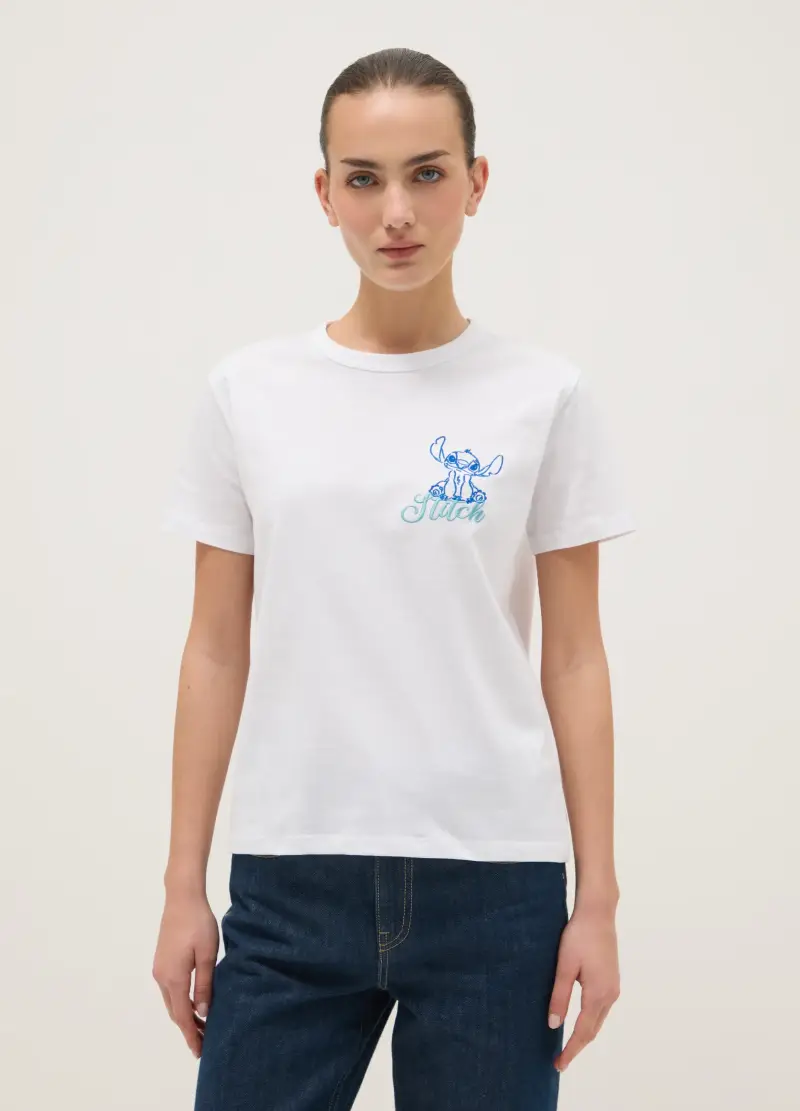 T-shirt In Puro Cotone Bianca Regular Fit Con Stampa Stitch, Donna, Bianco