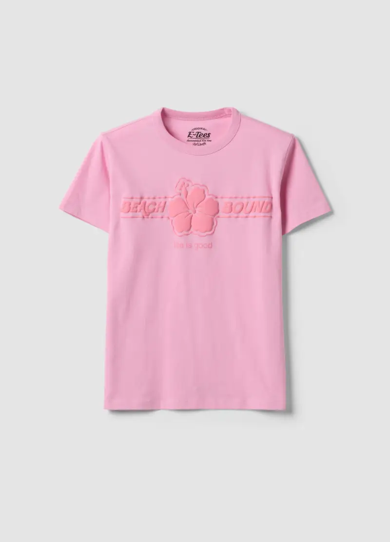 T-shirt In Puro Cotone Rosa Regular Fit Con Fiore, Donna, Rosa