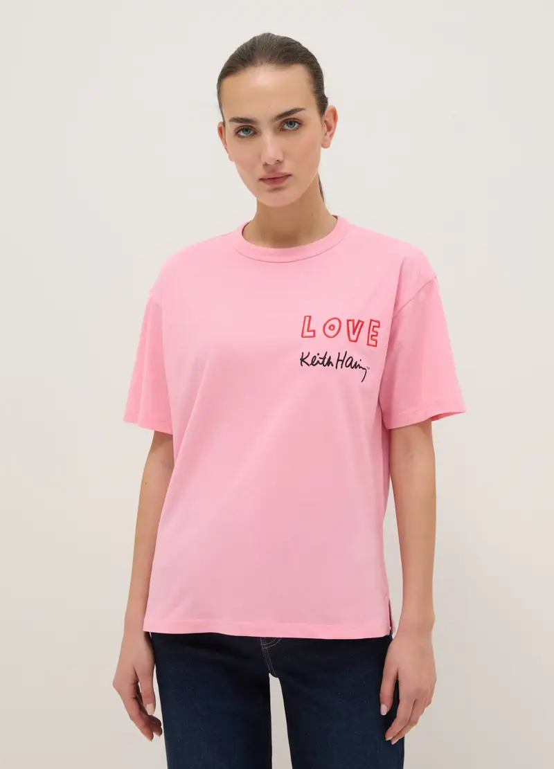 T-shirt In Puro Cotone Rosa Regular Fit Con Stampa Keith Haring, Donna, Rosa