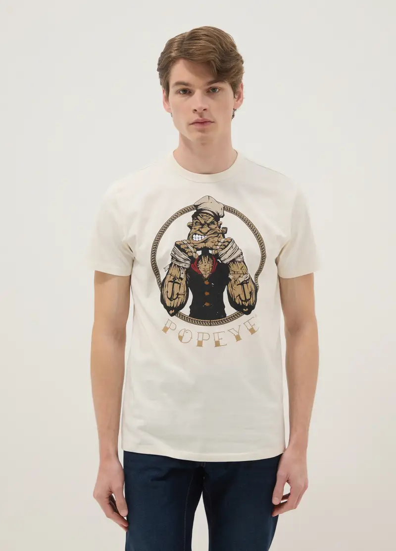 T-shirt In Puro Cotone Beige Regular Fit Con Stampa Popeye, Uomo, Beige