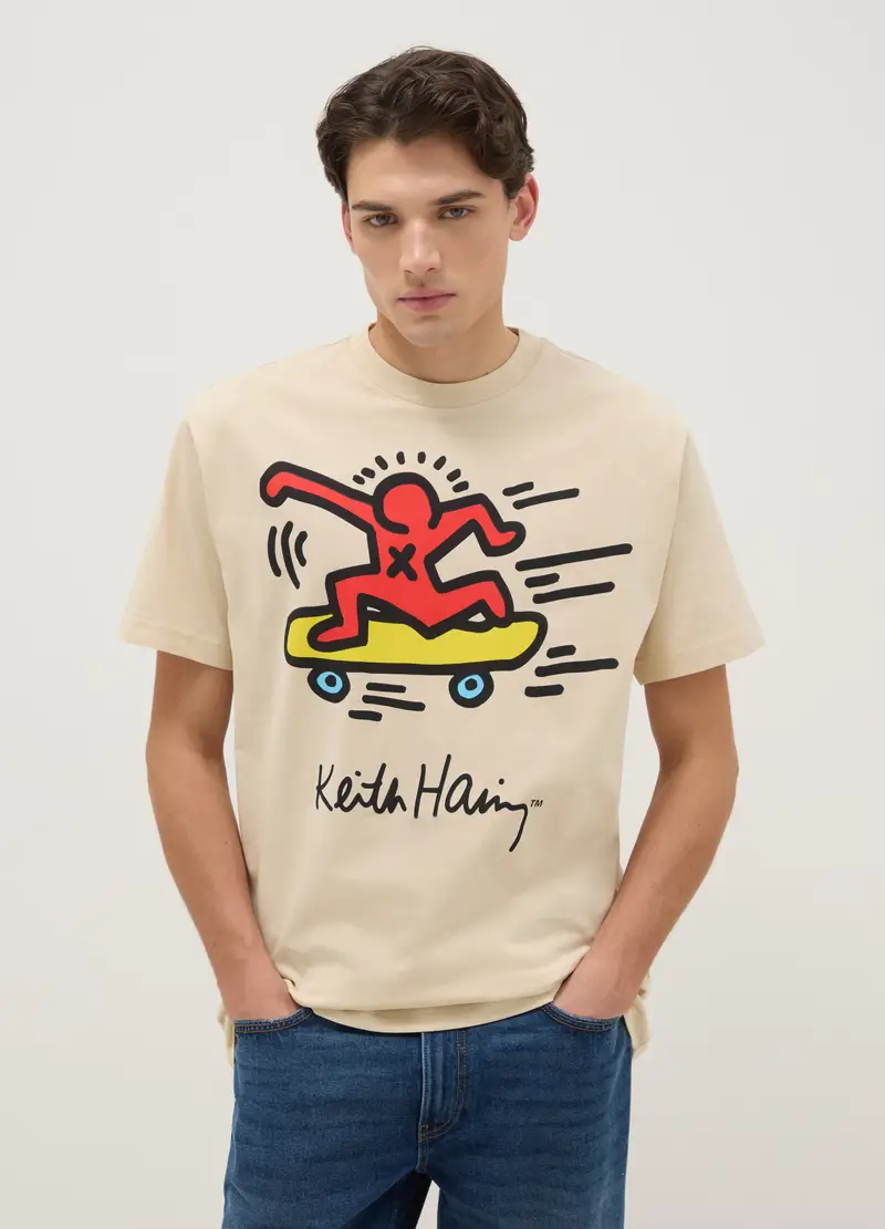 T-shirt In Puro Cotone Beige Regular Fit Con Stampa, Uomo, Beige