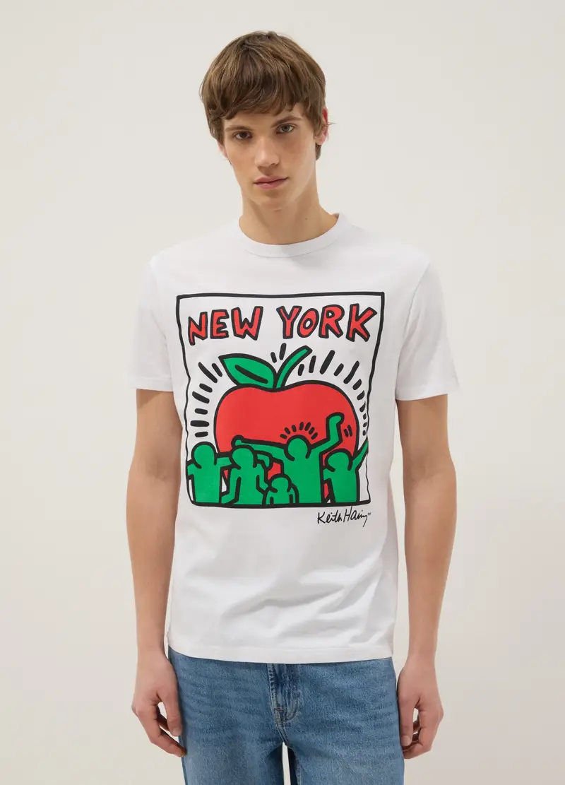 T-shirt In Puro Cotone Bianca Regular Fit Con Stampa Keith Haring, Uomo, Bianco