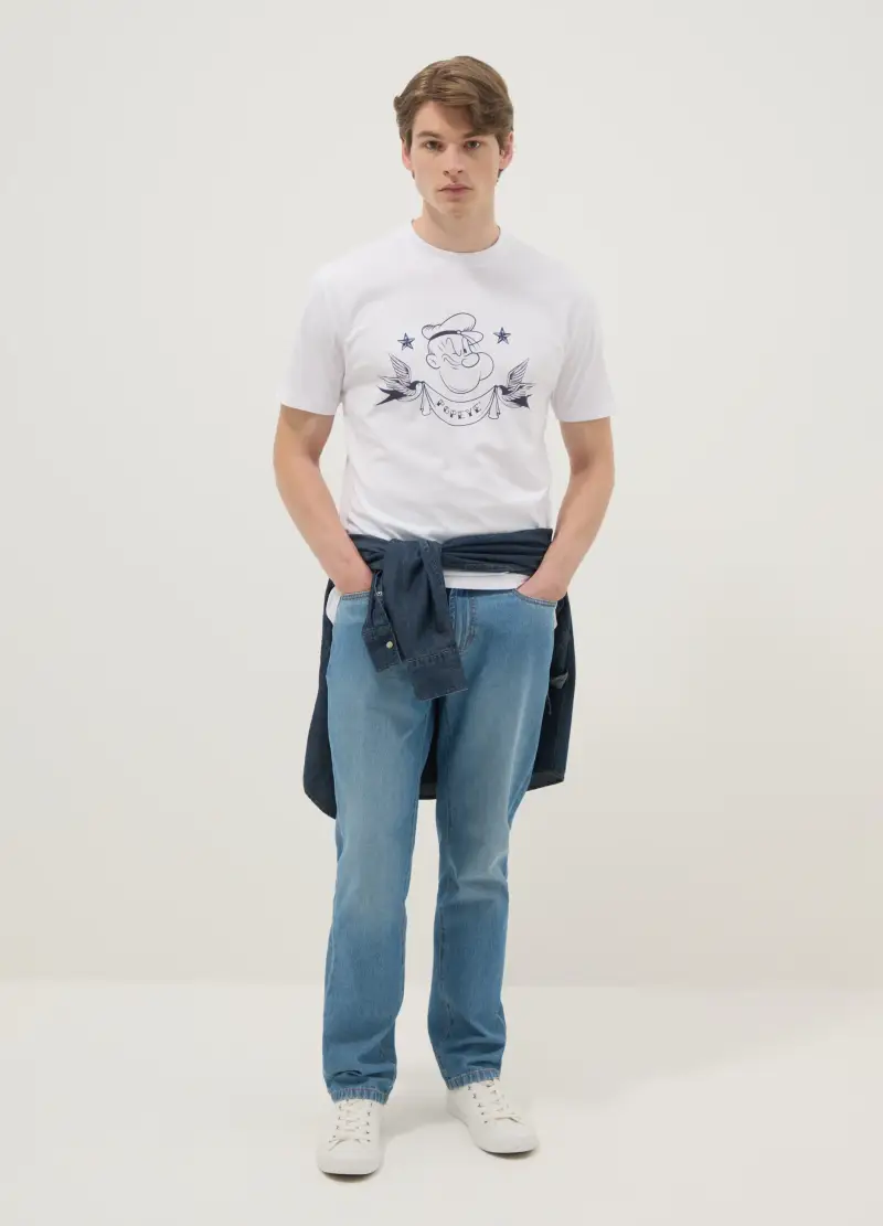 T-shirt In Puro Cotone Bianca Regular Fit Con Stampa Popeye, Uomo, Bianco miniatura 3