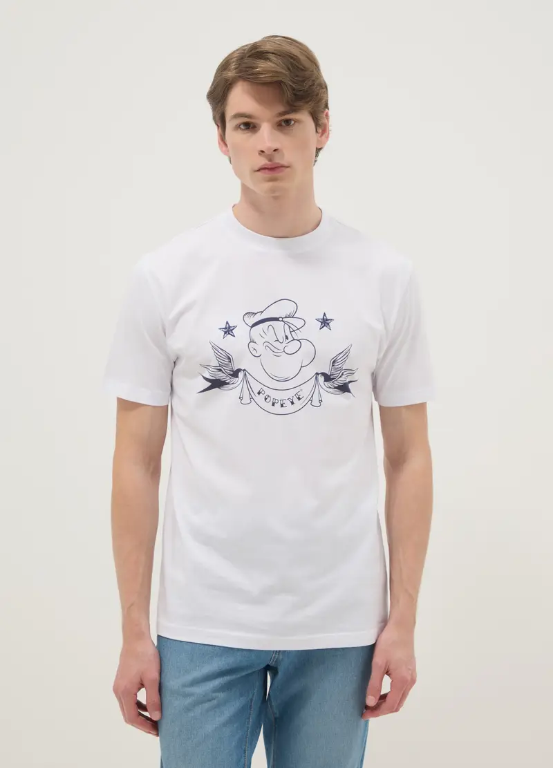 T-shirt In Puro Cotone Bianca Regular Fit Con Stampa Popeye, Uomo, Bianco