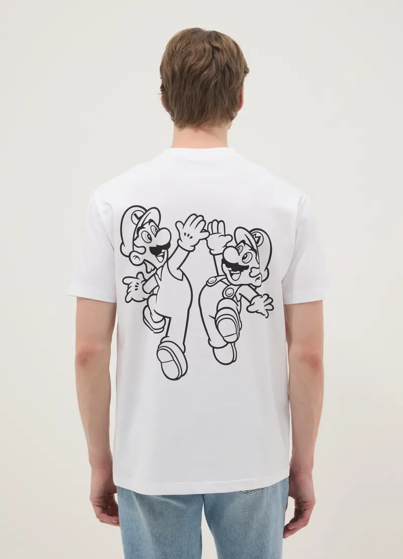 T-shirt In Puro Cotone Bianca Regular Fit Con Stampa Super Mario, Uomo, Bianco miniatura 3