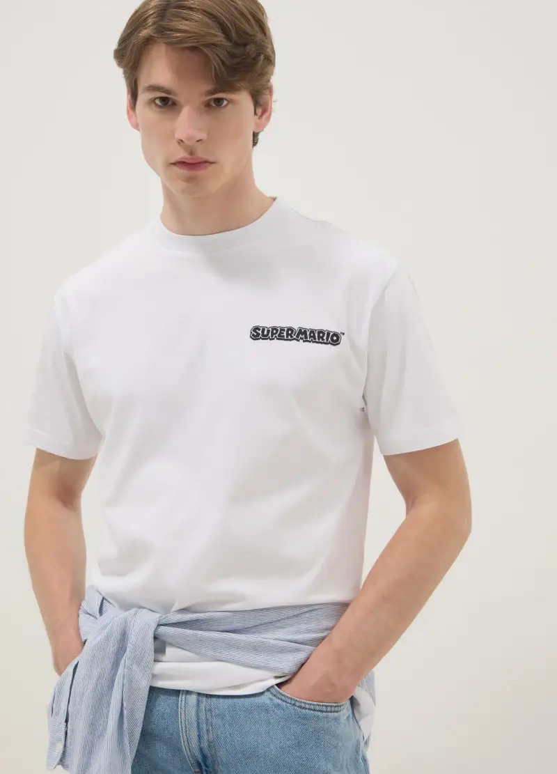 T-shirt In Puro Cotone Bianca Regular Fit Con Stampa Super Mario, Uomo, Bianco
