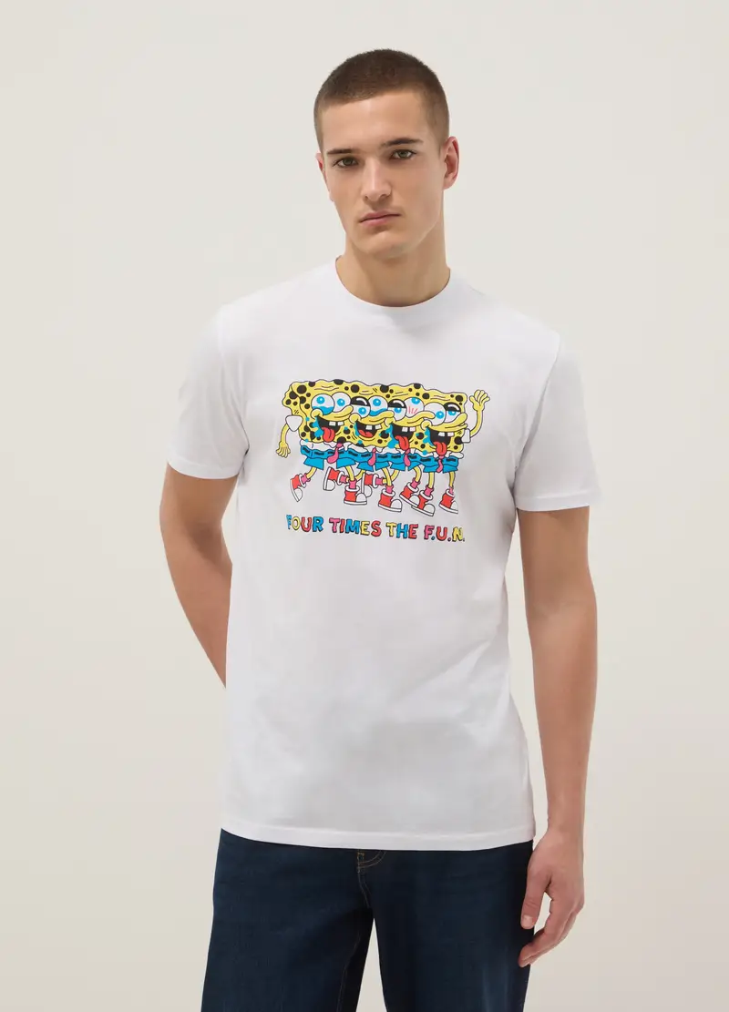 T-shirt In Puro Cotone Bianco Regular Fit Con Stampa Spongebob, Uomo, Bianco miniatura 2
