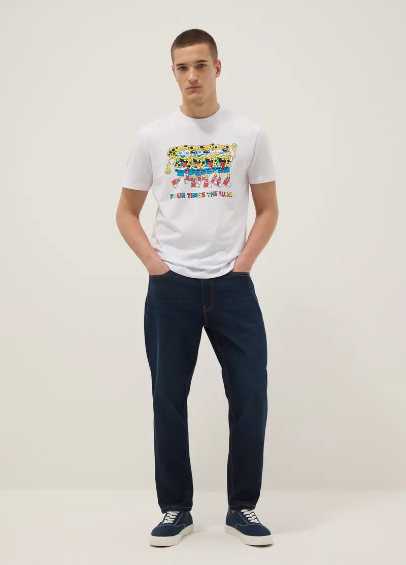 T-shirt In Puro Cotone Bianco Regular Fit Con Stampa Spongebob, Uomo, Bianco
