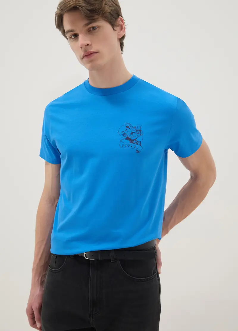 T-shirt In Puro Cotone Blu Regular Fit Con Stampa Popeye, Uomo, Blu