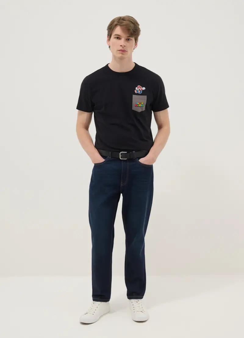 T-shirt In Puro Cotone Nero Regular Fit Con Stampa Super Mario, Uomo, Nero miniatura 3