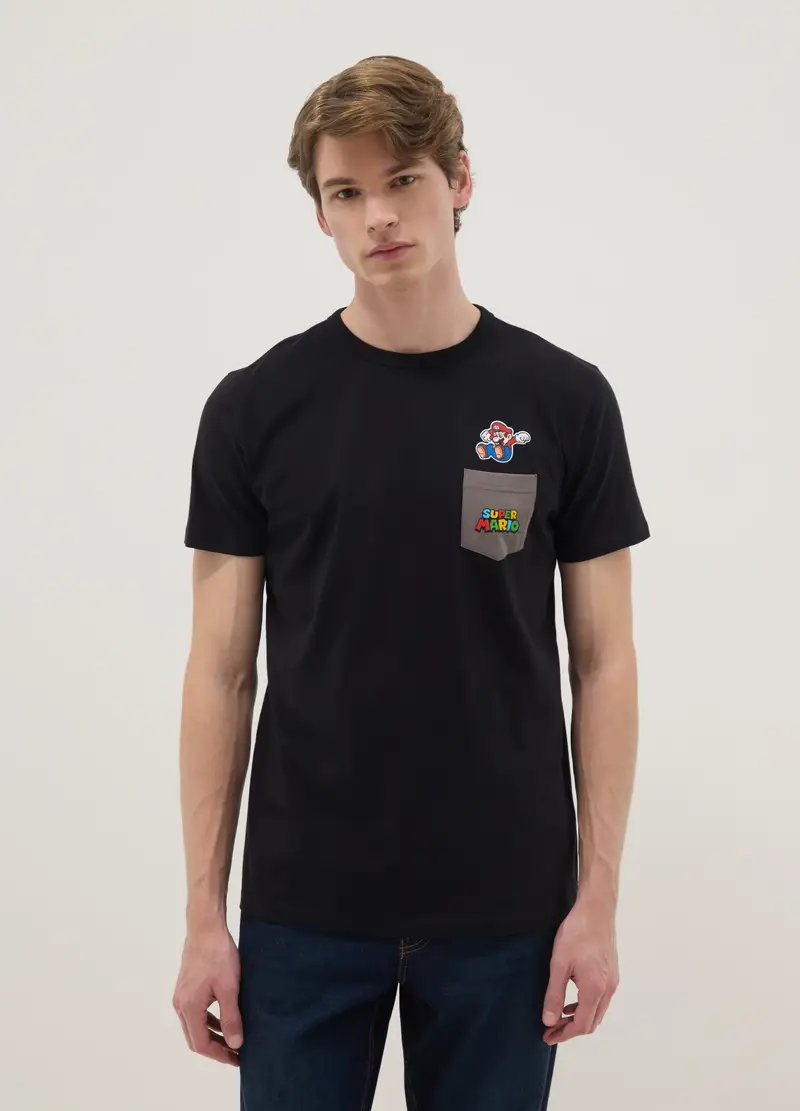 T-shirt In Puro Cotone Nero Regular Fit Con Stampa Super Mario, Uomo, Nero