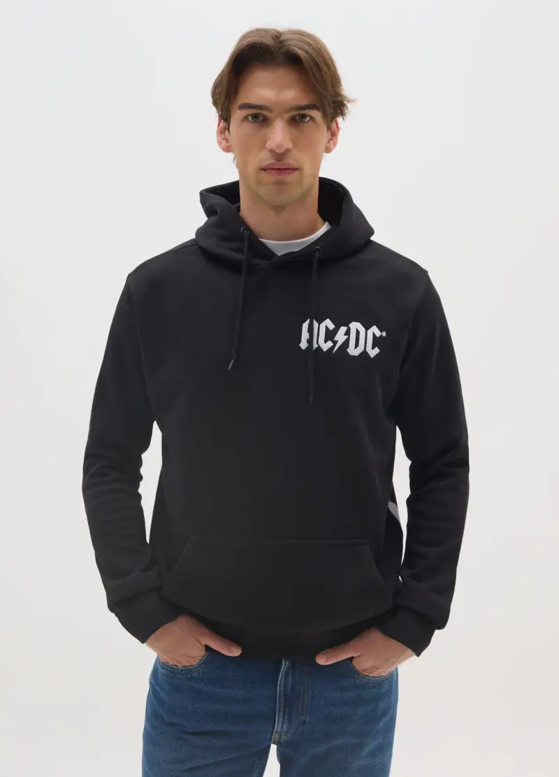 Felpa In Misto Cotone Nera Con Cappuccio Con Stampa Ac/dc, Uomo, Nero