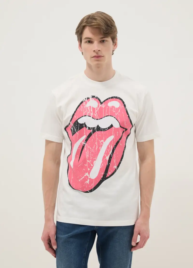 T-shirt In Puro Cotone Bianca Regular Fit Con Stampa Rolling Stones, Uomo, Bianco miniatura 3