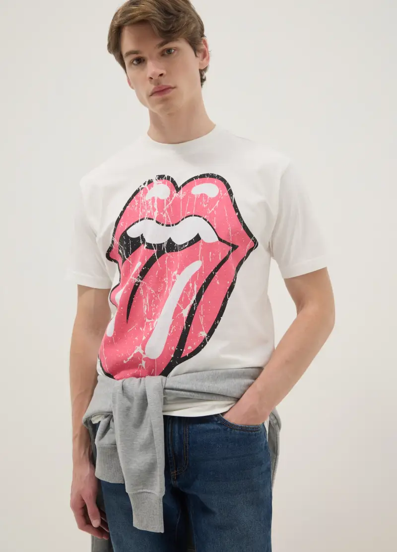 T-shirt In Puro Cotone Bianca Regular Fit Con Stampa Rolling Stones, Uomo, Bianco