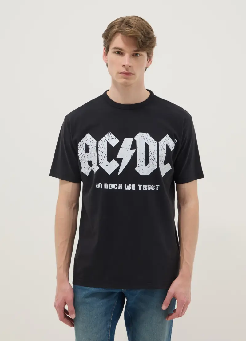 T-shirt In Puro Cotone Nero Regular Fit Con Logo Ac/dc, Uomo, Nero