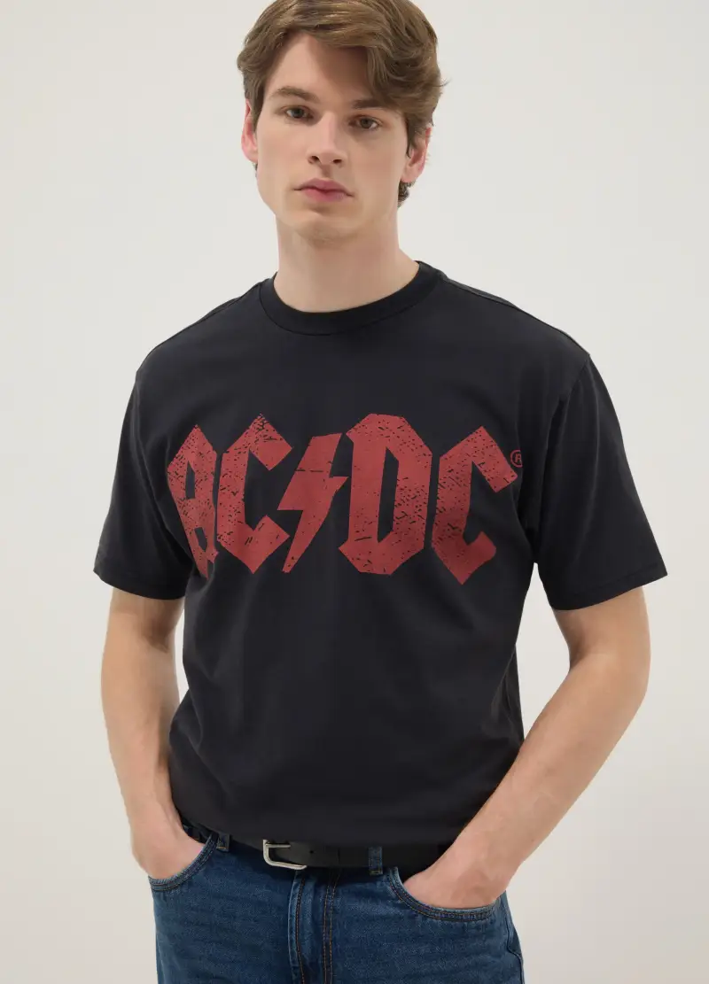 T-shirt In Puro Cotone Nero Regular Fit Con Logo Ac/dc, Uomo, Nero