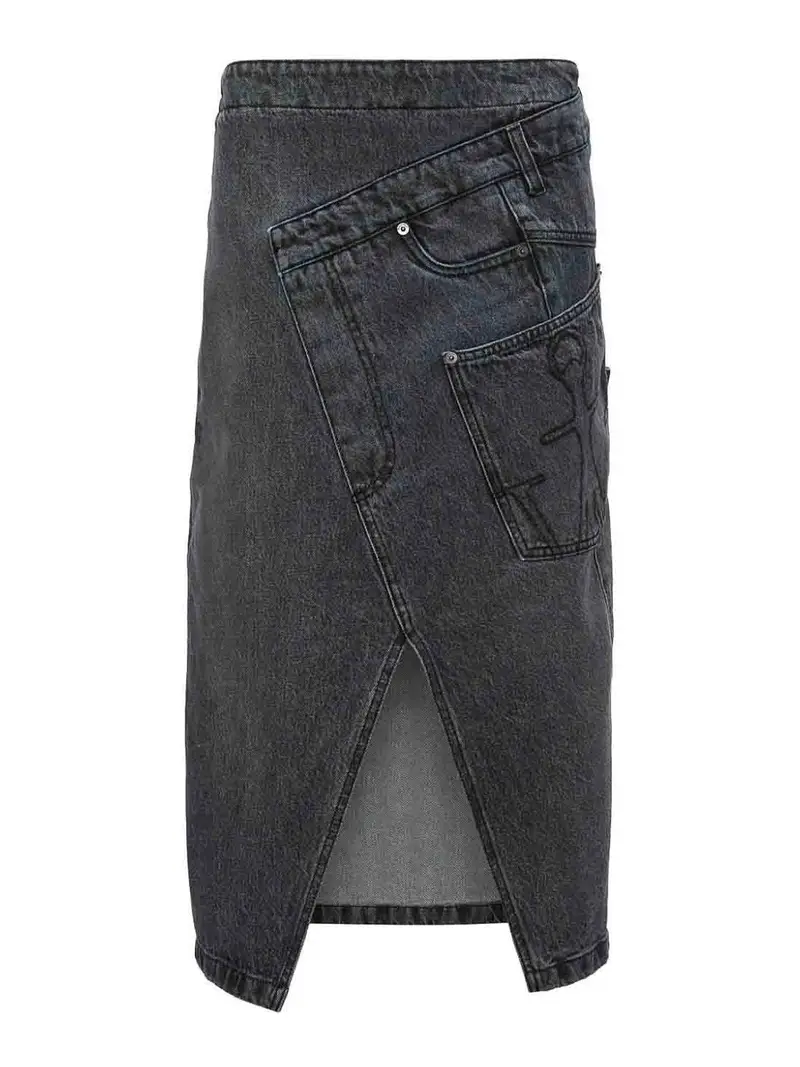 Gonna midi in denim intrecciato Grigio