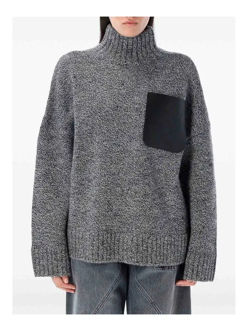 Toppa in pelle lavorata a maglia a collo alto Grigio