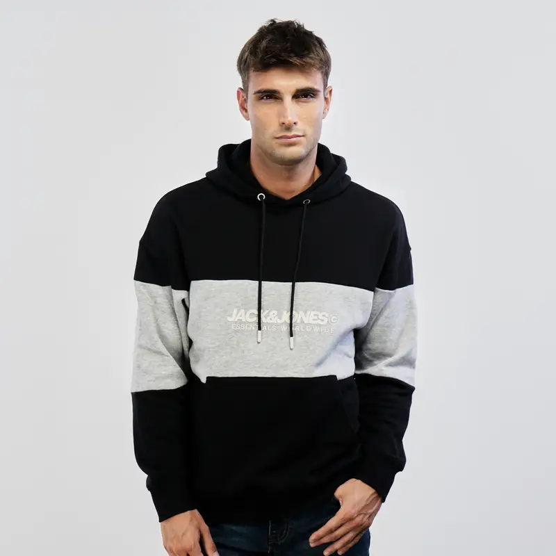 Felpa nera e grigia con cappuccio e tasche a canguro