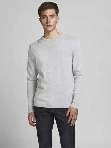 JACK & JONES Jjebasic Knit Crew Neck Noos, Felpa Uomo, Grigio (Light Grey Melange Light Melange), Medium miniatura 3