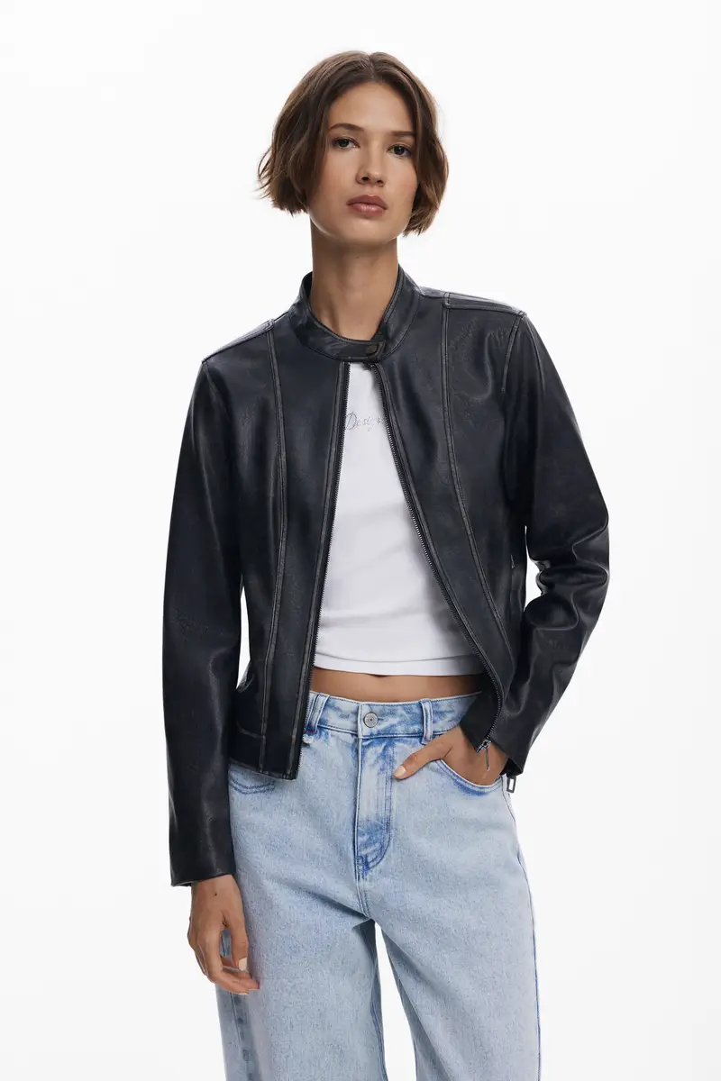 Jacket with worn leather effect