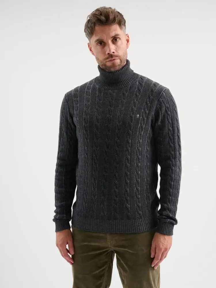 maglia a collo alto iin cotone e cashemere grigio a treccia