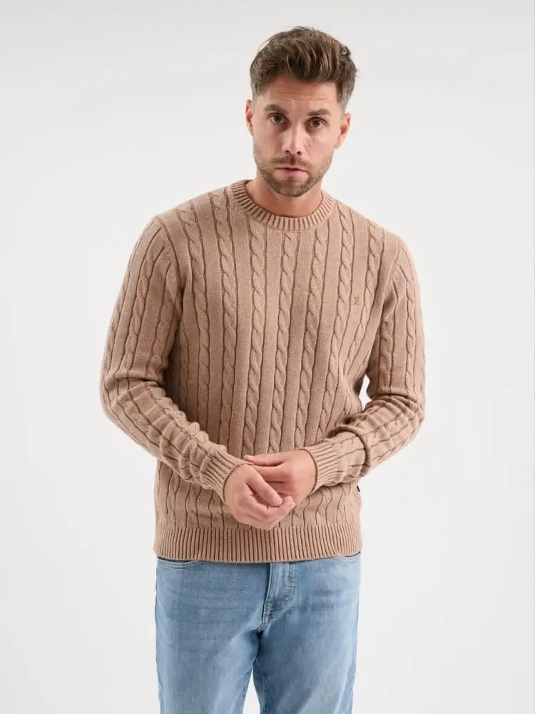 maglia girocollo in treccia vanise' misto cotone e cashmere beige scuro