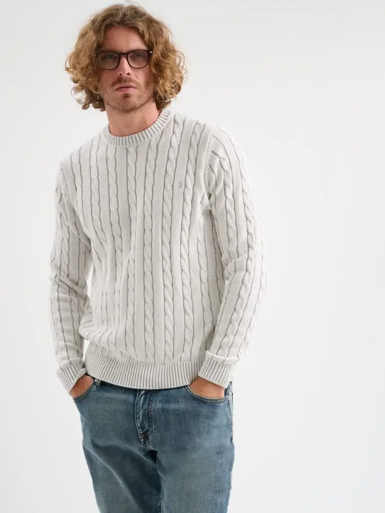 maglia girocollo in treccia vanise' misto cotone e cashmere ghiaccio