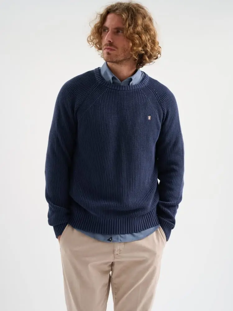 maglia raglan con lavorazione a costa inglese in filato di cotone effetto stone blu